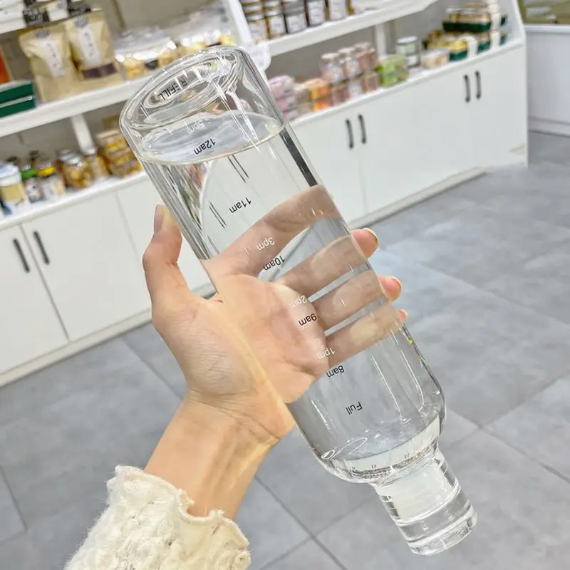 750ml Large Capacity Glass Water Bottle With Time Marker Cover For Water Drink Transparent Milk Juice Simple Cup Birthday Gift