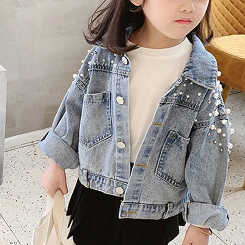 Chaqueta vaquera para niña, cárdigan holgado de manga larga con solapa de perlas, botones, estilo coreano, primavera y otoño, 2024