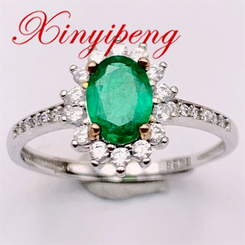 

Xin Yipeng Fine Gemstone Jewelry Real S925 Sterling Silver Gold Plated Inlaid Natural Emerald Ring Anniversary Gift For Women