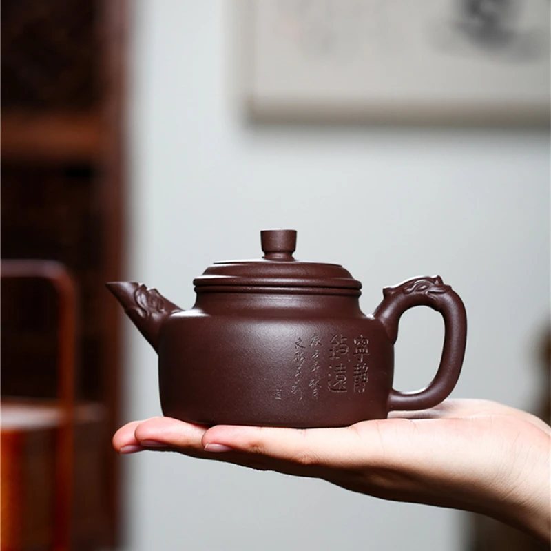 true yixing zisha tea pot marked with certificate paper classic 7 infuser holes original ore purple grit handmade carved pot tea