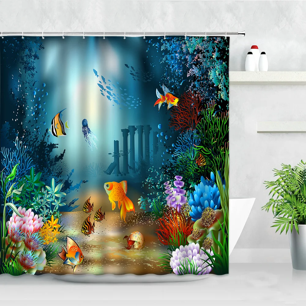 Underwater World Fish Coral And Plants Shower Curtain Set Seabed Scenery Children Bathroom Decor Bath Screens Hooks Curtains