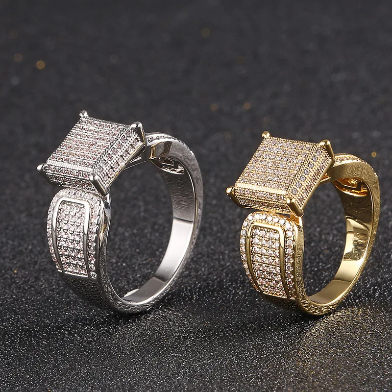 Hip Hop 5A+ CZ Stone Paved Bling Ice Out Geometric Square Finger Rings Men Signet Ring Male Rapper Jewelry