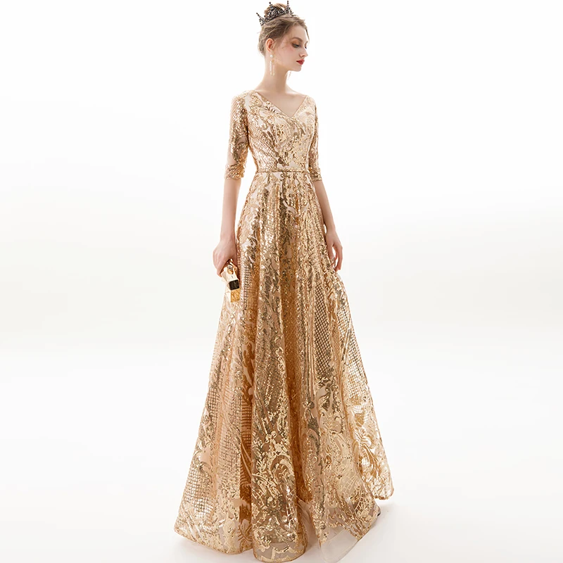 New V-neck Evening Dress vestido de festa Formal party dress Luxury Gold Long Sequin prom gowns Bride Half sleeve dresses