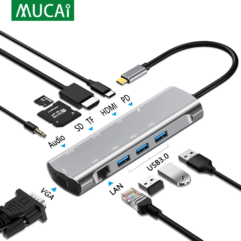 

USB C HUB 10-IN-1 Type C to Multi USB 3.0 HUB HDMI/RJ45 VGA Audio Adapter Dock for Huawei Mate 30 MacBook Pro Splitter Port Type