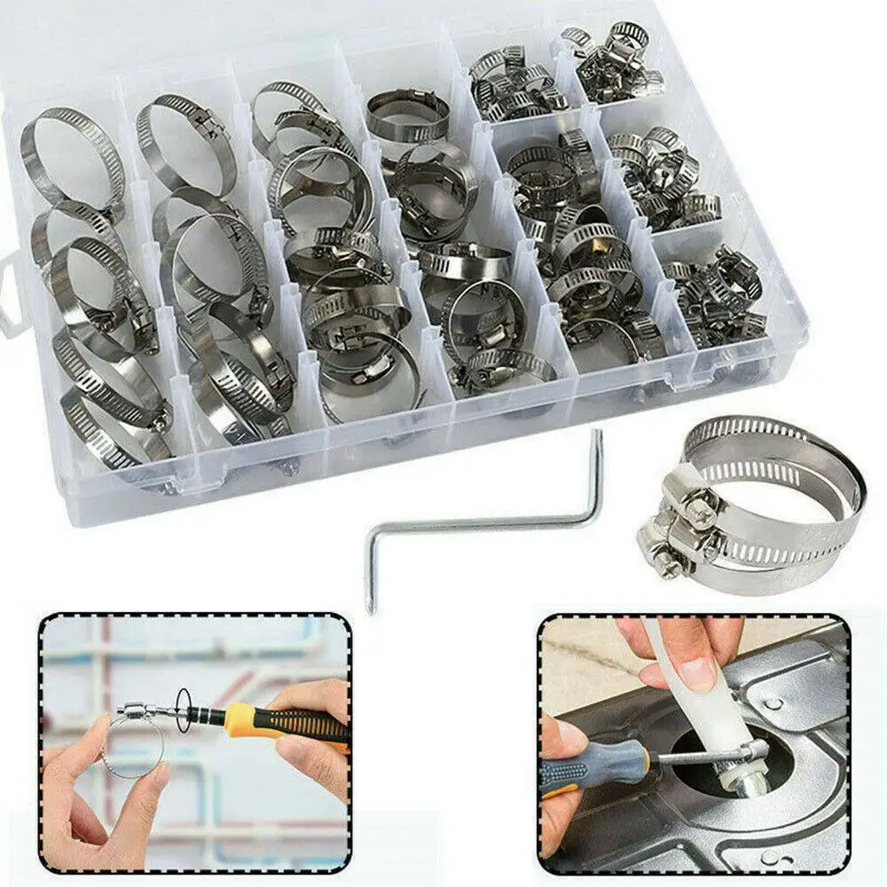 91pcs Stainless Steel Hose Clamps Hose Clip Assorted Kit With No Driver Jubilee Clip Set with Z Wrench