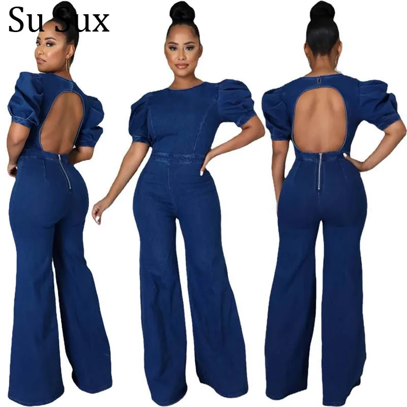 Puff Sleeve Denim Jumpsuit Women Jean O Neck High Waist Hollow Out Flare Pants Rompers Overalls Bodysuit Vestidos 2021 Autumn