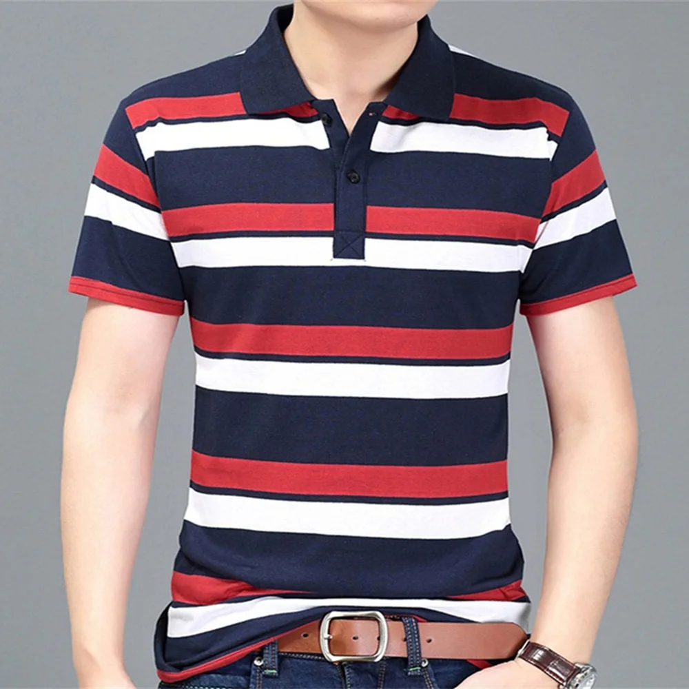 MwOiiOwM New Summer Style Striped Short Sleeve Casual Male T Shirt High Quality Polyester T-shirts Men Turn Down Collar Tshirt