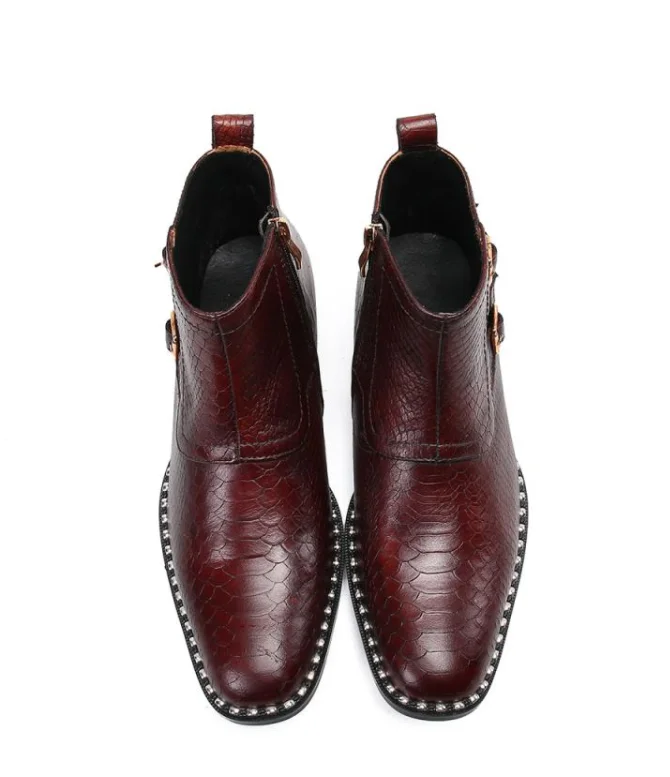 Men Dress Shoe 100% Genuine Leather Metal Zipper Wine Red Party Wedding Luxury Casual Formal Fashion Shoes Mens Chelsea Boots