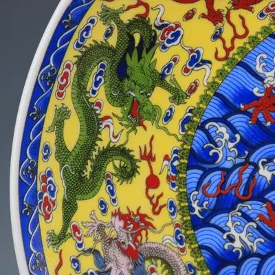 Exquisite Antique Jiulong Pattern Porcelain Plate Decoration