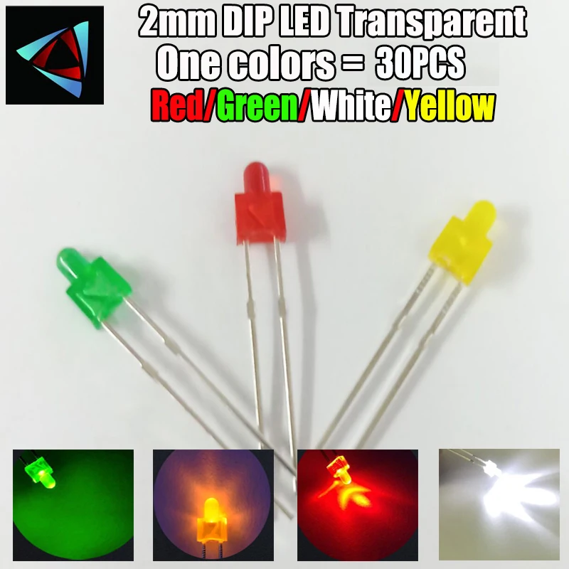 30Pcs 2MM LED Diode Mixed Color Red Green Yellow Blue White