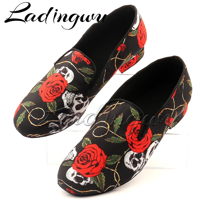 Ladingwu Men\'s Dance Shoes Latin Professional Sneakers Ballroom Dance Shoes Holloween Skull Denim Doodle Men Tango Salsa Dance