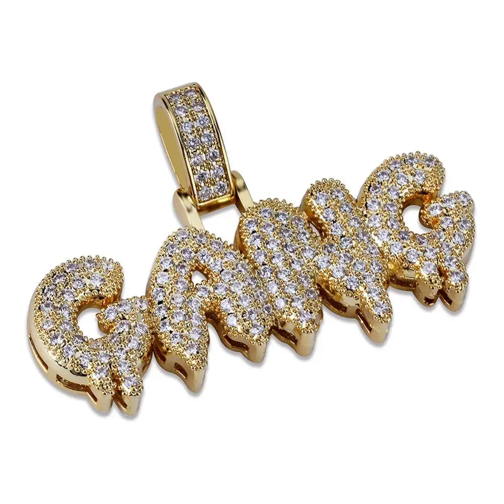 Hip Hop AAA CZ Zircon Paved Iced Out Bling GANG Letter Pendants Necklace for Men Rapper Jewelry Gold Silver Color