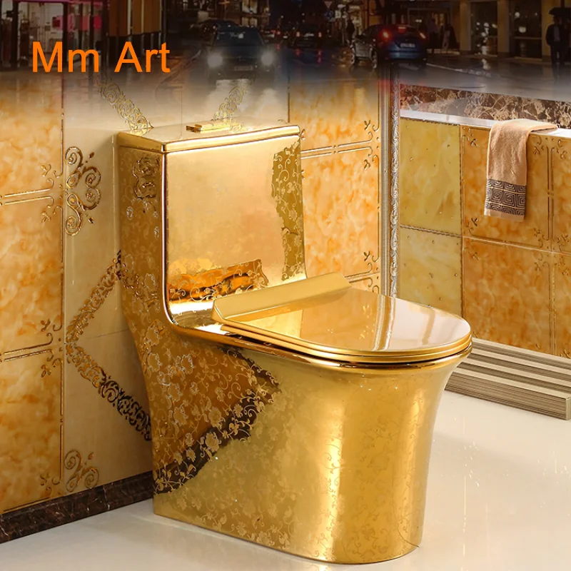 Artistic Plain Golden One Piece Closestool Siphon Fluishing S-Trap Floor Mounted Luxious Villa Bathroom Seat Toilet