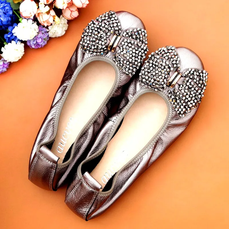 Fashion String Bead Women Shoes Slip On Flats Sweet Bow Autumn Female Shoes Cow Leather 2021 New Spring Women Ballet Flats Shoes