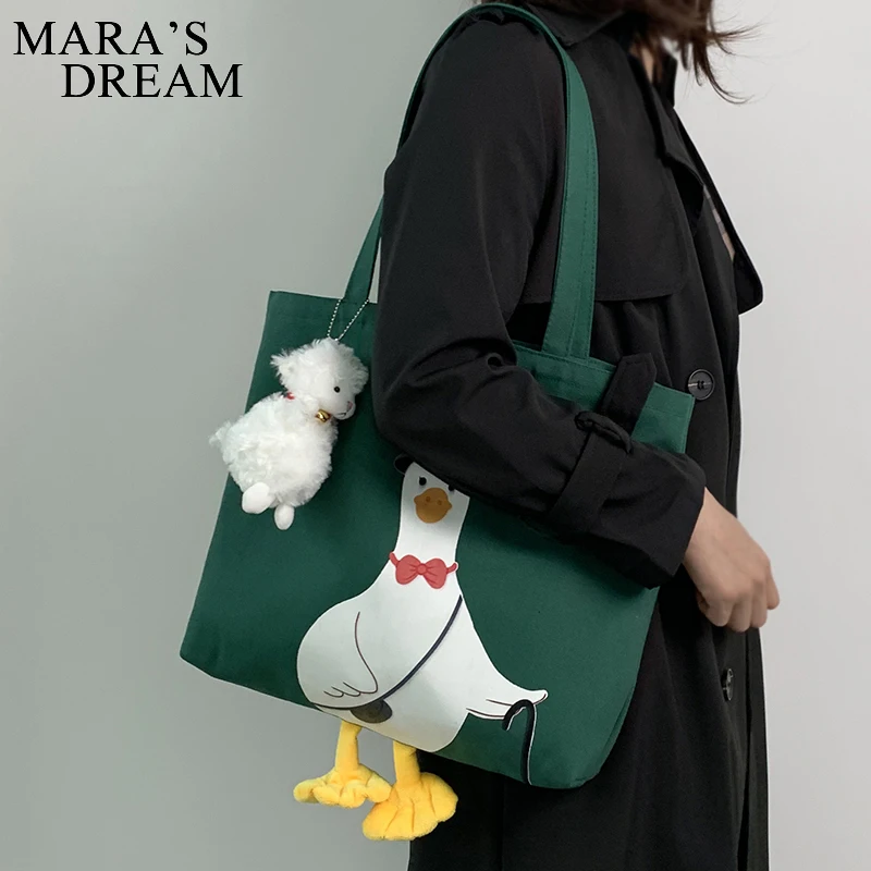 Mara\'s Dream Women Shoulder Shopper Bag Cute Duck Cartoon Print Casual Kawaii Canvas Tote Shopping Bag Cotton Cloth Eco Handbags