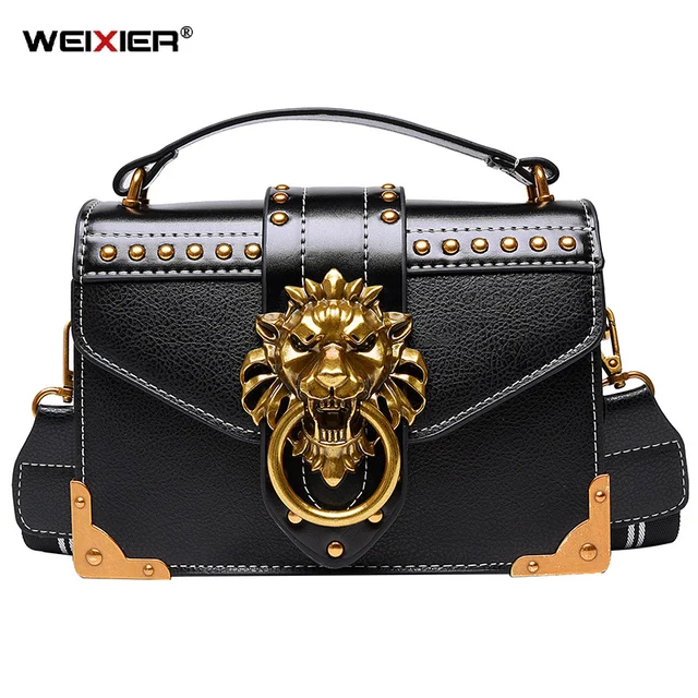 Retro kobieta moda luksusowe dziewczyny torebki Crossbody torby kobieta metalowa głowa lwa marka torebka na ramię Mini kwadratowa torba