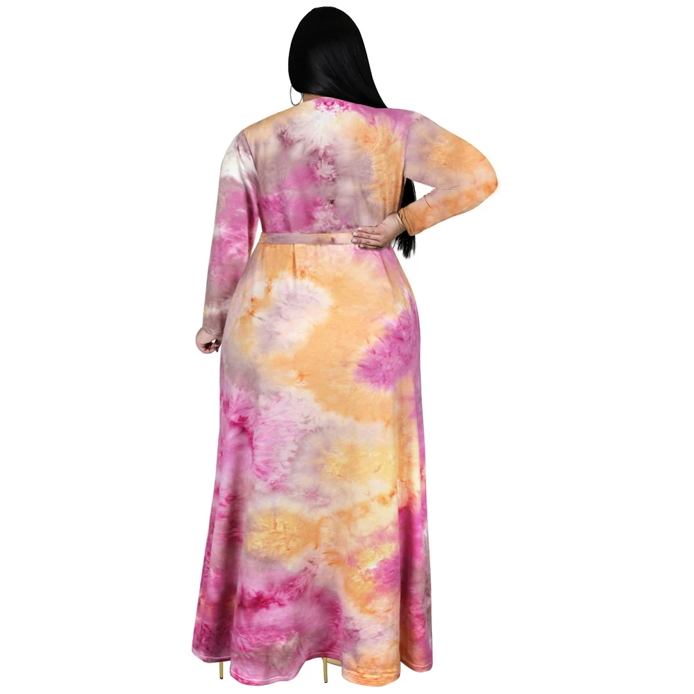 Plus Size Tie Dye Long Dress Women Winter Autumn Long Sleeve Sexy V-neck High Waist Split Bandage Casual Fashion Maxi Dress 5XL