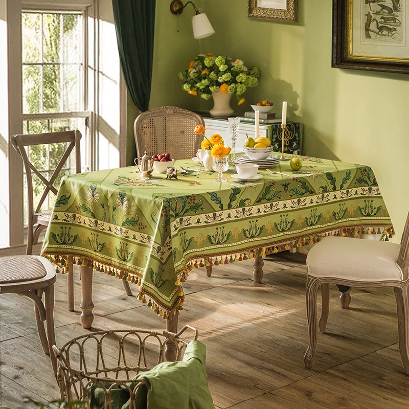 American Jungle Print Tablecloth Green Luxury Velvet Table Cloth Tassel Decor Cabinet Cover Cloth Dining Table Decor Tablecloth