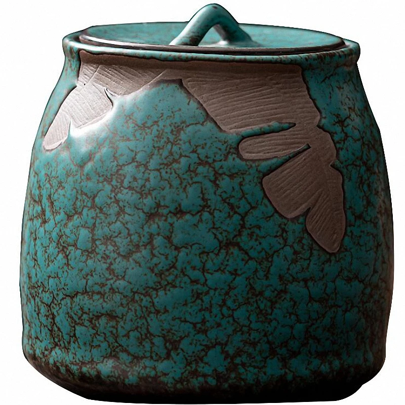 PINNY 250ML Ceramic ReliefTurquoise Glaze Tea Jars Chinese Kung Fu Tea Accessories Green Tea Storage Jars Storage Containers