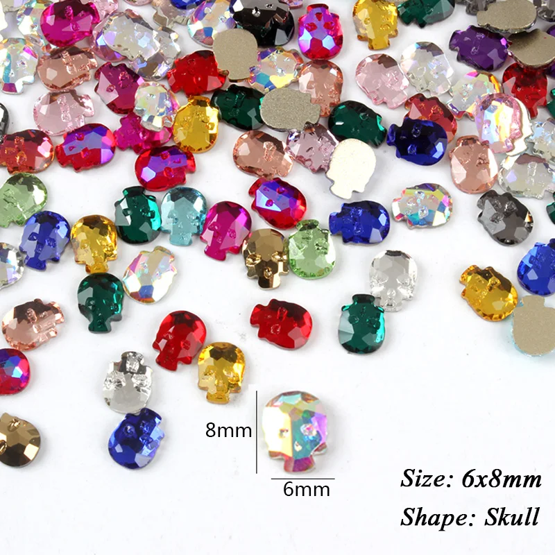 Flatback Skull Shape 6x8MM Mix Colors Rhinestones Crystal Glass Stones For DIY Nail Decoration Accessories 30PCS/100PCS