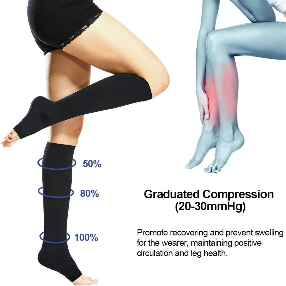 Open Toe Knee High Calf Compression Socks Women & Men Firm 20-30 mmHg Graduated Support  for Varicose Veins Edema Flight Socks image 4