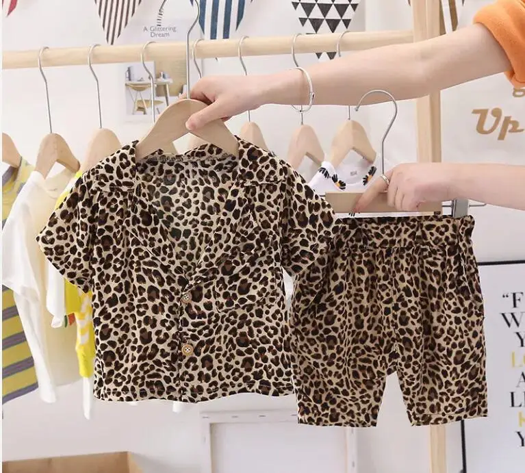 Children Cotton Out Clothes Summer Baby Boys Leopard Print causal Shirt Shorts 2Pcs/sets Infant Kids Fashion Toddler Tracksuits