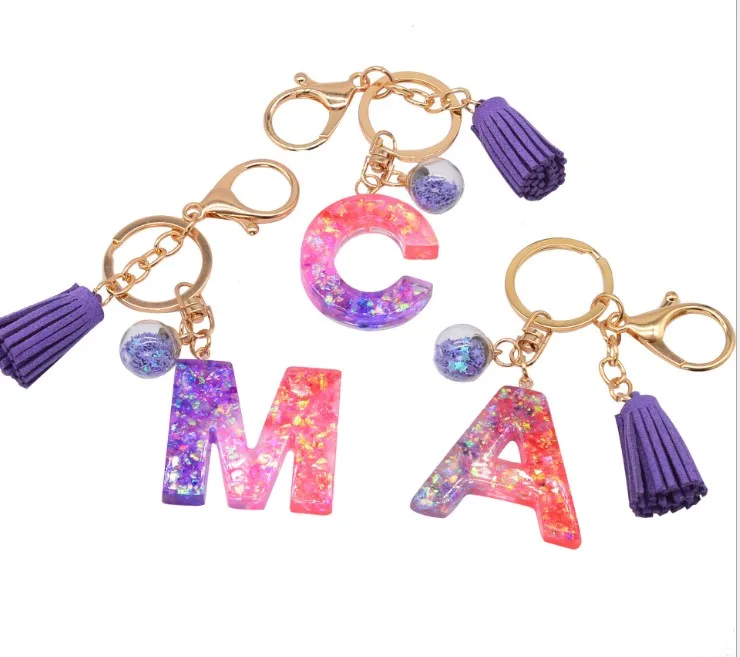 

2021 New Acrylic English Letter Luxury Keychain Gradient Petal Letters Car Keyring With Tassel Women Bag Pendant Key Chain Gift