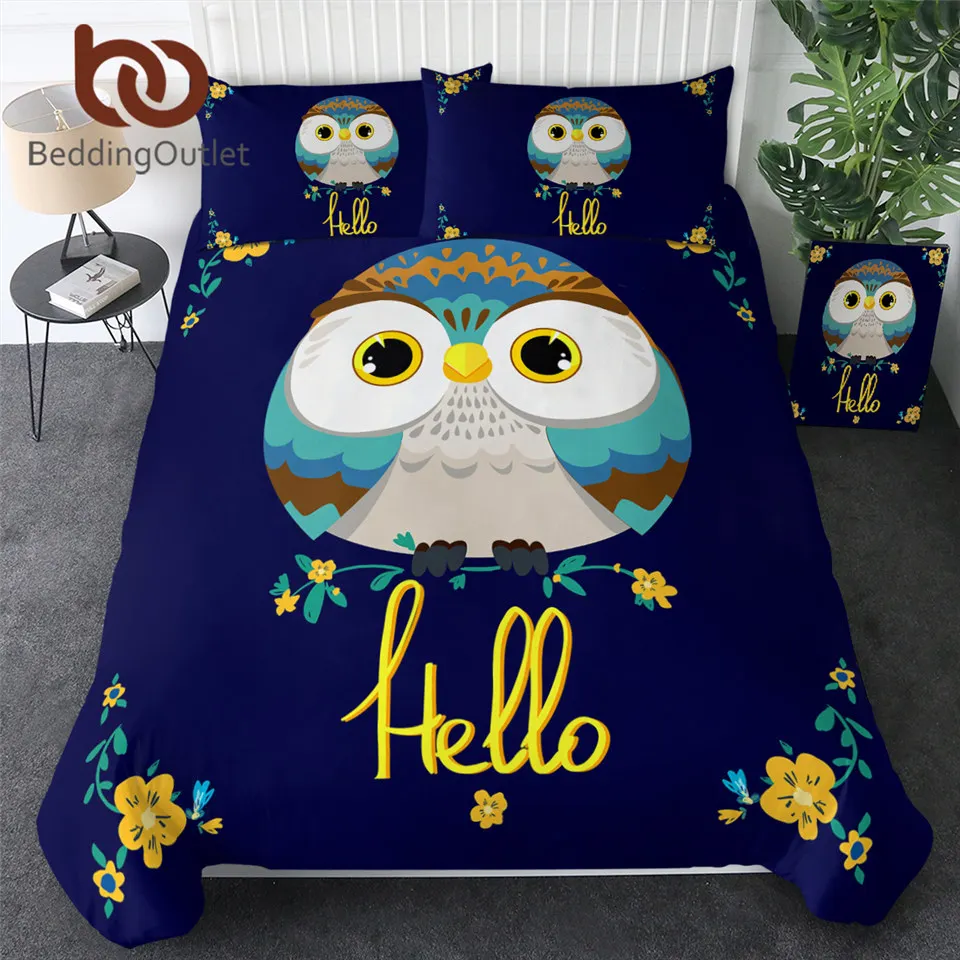 

BeddingOutlet Cute Owl Bedding Set Cartoon Bird Kids Bed Set Owl Floral Duvet Cover 3-Piece Big Eye Blue Comforter Cover Twin