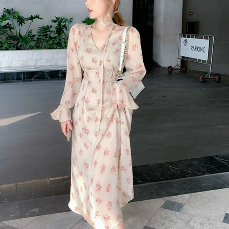 

Floral Retro Dress Women Spring Autumn Elegant Print Dress Female Casual Full Korean Midi Dress Fall Dresses for Women 2020