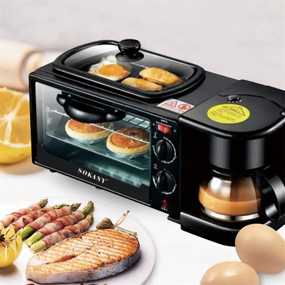 3 In 1 Multi Function Breakfast Maker Machine 220V 1250W With Electric Oven Drip Coffee Maker Frying Tray Tea Pot Home Appliance