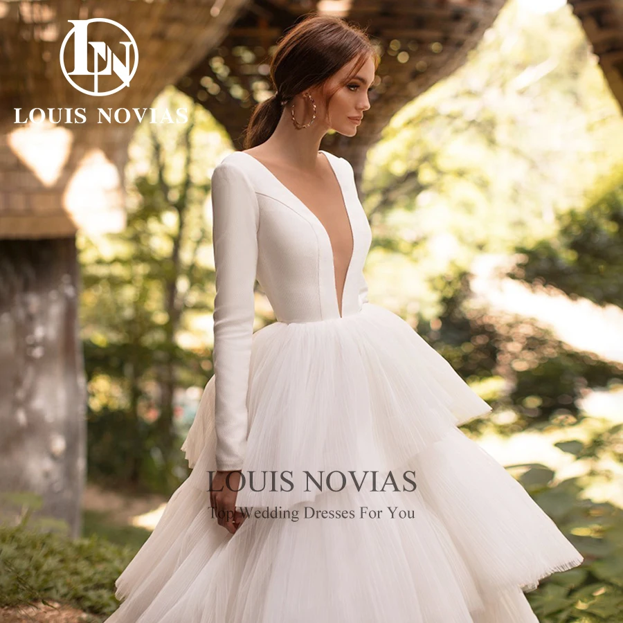 LOUIS NOVIAS Long Sleeve Wedding Dress Simple Satin Sexy Deep V-Neck Backless Tiered A-Line Wedding Gown Bride Vestidos De Novia