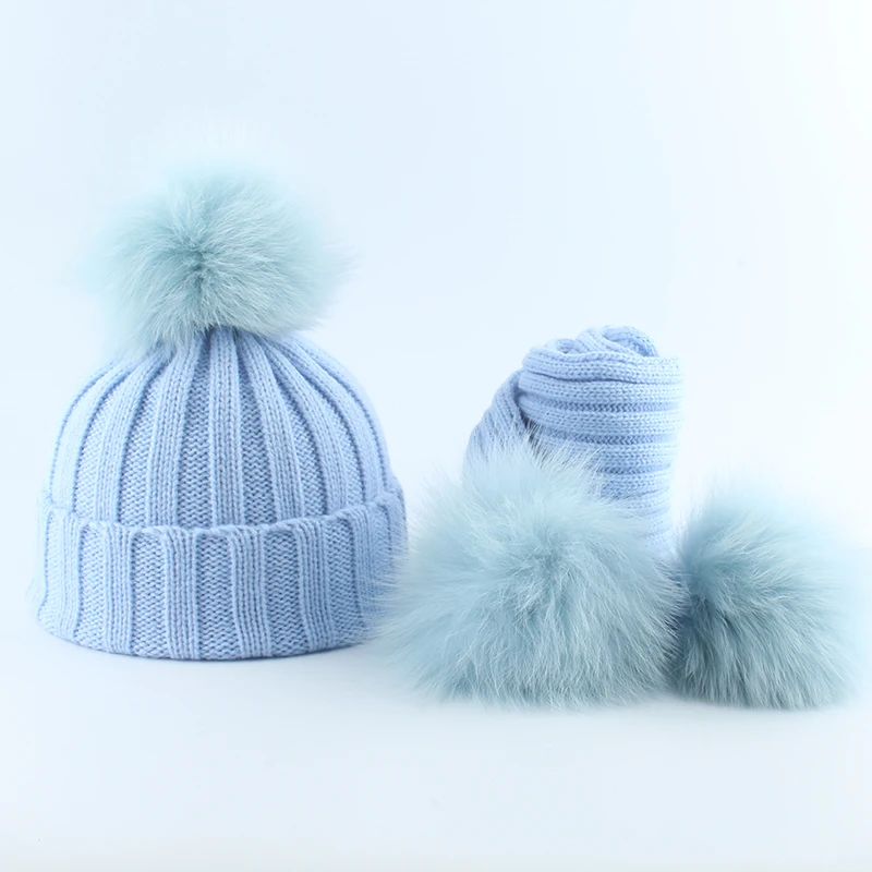 Gorro e cachecol para bebês, chapéu de inverno para meninos e meninas, pompom de pele real, tricô, 3 peças, chapéu de pompom