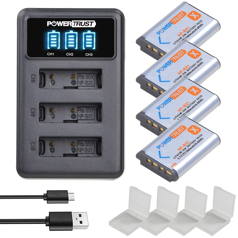 PowerTrust-Batería de NP-BX1 de 1860mAh, cargador de 3 ranuras LED para Sony NP-BX1, NP-BX1, HDR-AS200V, HDR-AS30, HDR-AS300