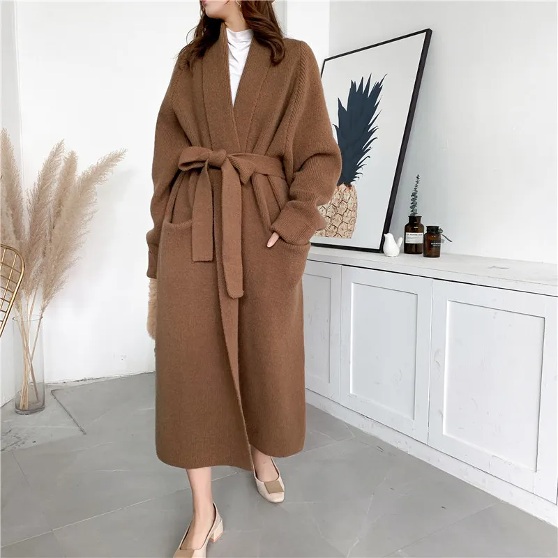 Casaco de malha de alpaca para mulheres, casaco solto e grosso, médio e longo, suéter preguiçoso do vento, fora, outono e inverno, novo