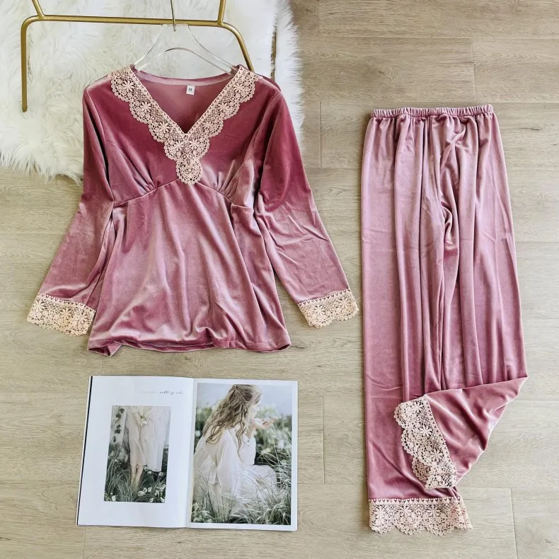 

Lace Velour 2PCS Pajamas Suit Autumn New Nightwear Sleep Set Velvet Casual Pyjamas Women Home Clothing Intimate Lingerie