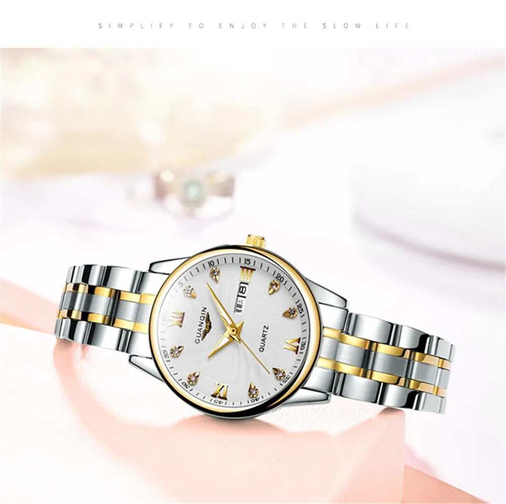 GUANQIN Couple Watch Set Luxury Diamond 2020 Men Women Wrist Watch Stainless Steel Quartz Watch reloj pareja hombre y mujer