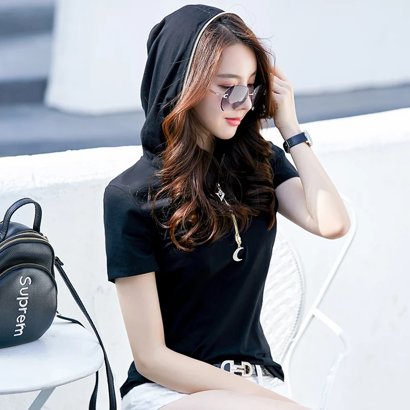 2023 Summer New Short-sleeved Hooded Sweater Women\'s Zipper Solid Color Casual Fashion Shirt All-match Slim Hooded Top