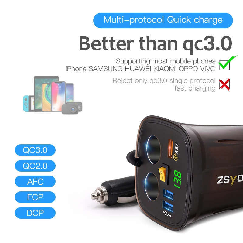 Car Charger Cigarette Lighter Adapter Splitter 2 Socket 80W QC3.0 Fast Quick charge USB 4.2A Cup Holder Voltmeter On/Off Switch