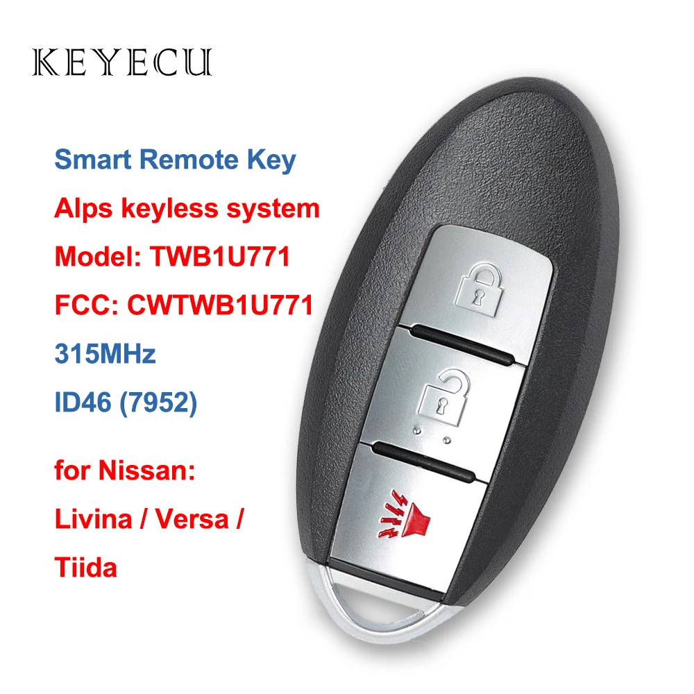 Keyecu CWTWB1U771 Smart Remote Car Key Fob 3 Buttons 315MHz ID46 (7952) Chip for Nissan Tiida Livina Versa 2005-2008 TWB1U771