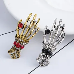 ASLSAW Vintage Rhinestone Skull Hand Brooches Pins Chain Unisex Classic Punk Style Brooch Pin Badge Jewelry Gifts