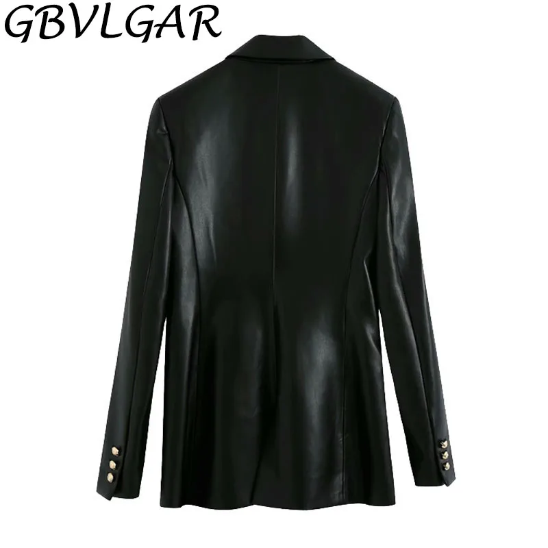 Women Fashion Notched Double Breasted PU Leather Blazers Coat Casual Straight Long Sleeve Back Vents Female Outerwear Chic Tops