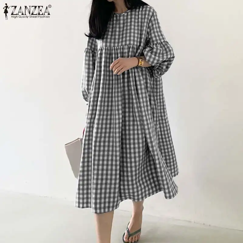 Women\'s Check Dress 2023 ZANZEA Vintage Autumn Dress Casual Puff Sleeve Midi Vestidos Female O Neck Robe Femme Oversized