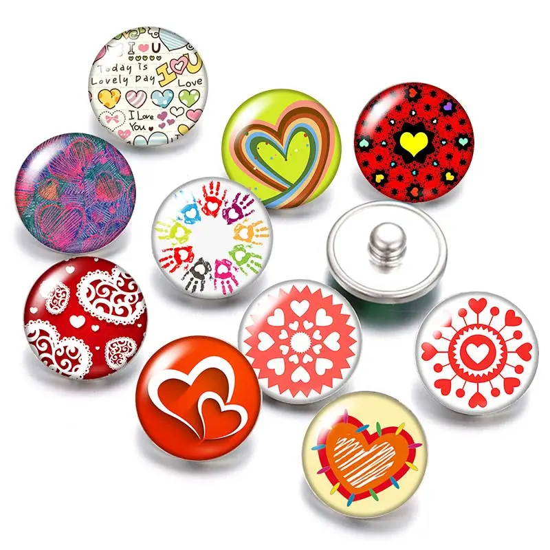 Love Heart Valentine\'s Day 18mm snap buttons 10pcs mixed round photo glass cabochon style for snap button jewelry