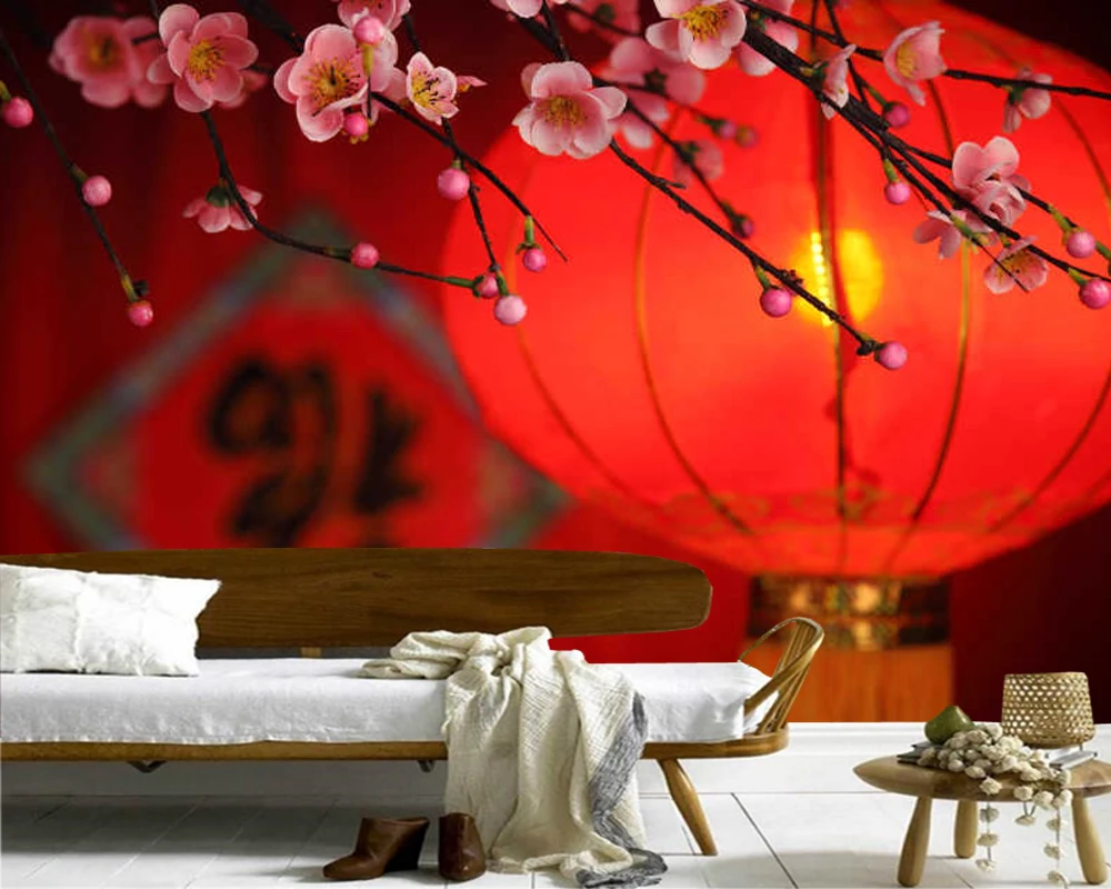 Papel de parede Traditional red lantern and peach blossom Chinese style 3d wallpaper,living room tv bedroom restaurant mural