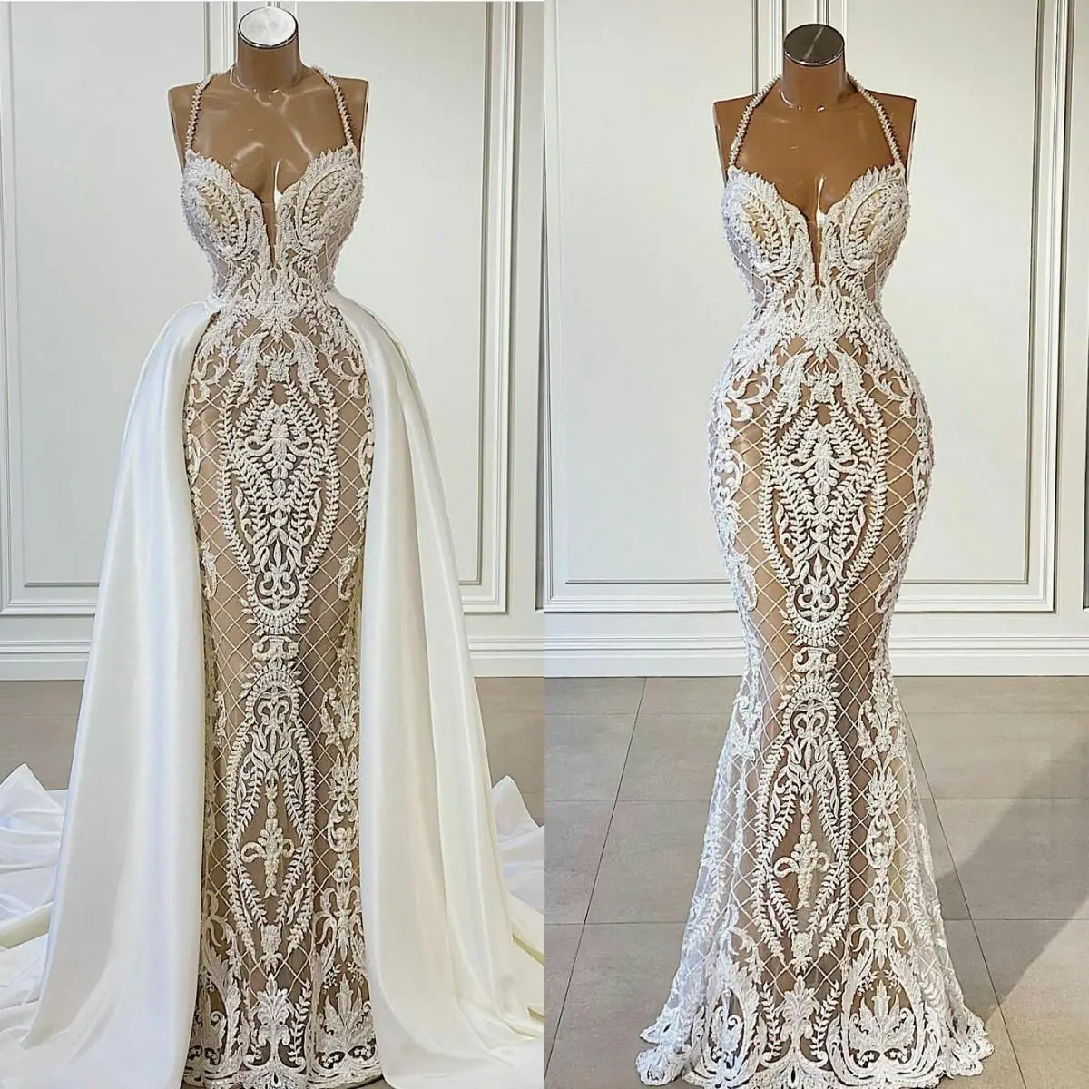 New Evening Dresses Sexy Halter Neck Lace Applique Beads Prom Gowns Custom Made Detachable Train Mermaid Special Occasion Dress