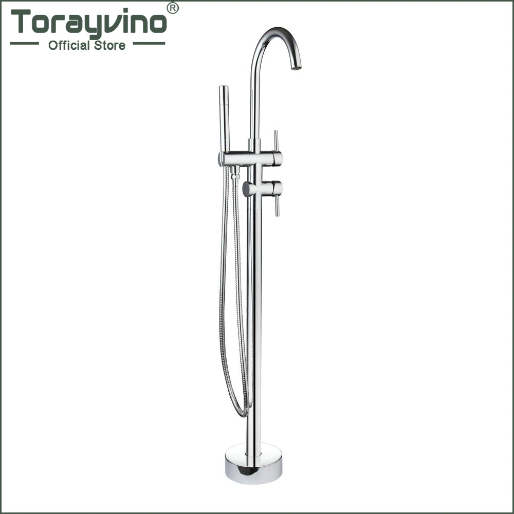 

Torayvino Bathroom Faucet Floor Stand Mounted Swivel Spout Chrome Double Handles Faucets Bathtub Basin Sink Mixer Water Tap