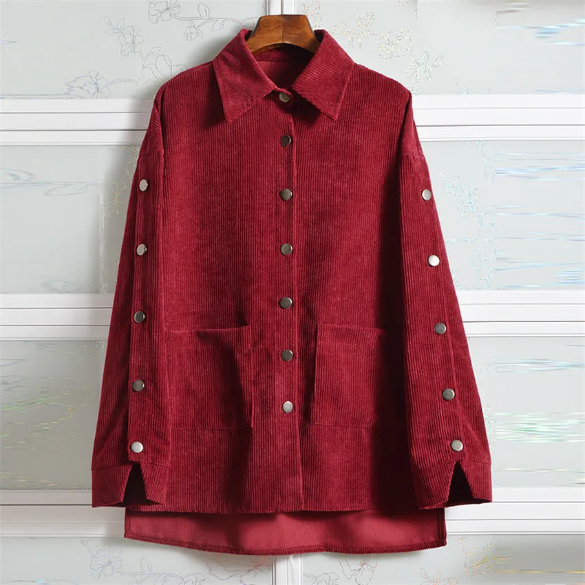 

20 Autumn Women Casual Corduroy Jackets Slim Female Bf-style Wears Coat Girl Long Sleeve Wine Red Midi-long Coats Outwear WZ1332