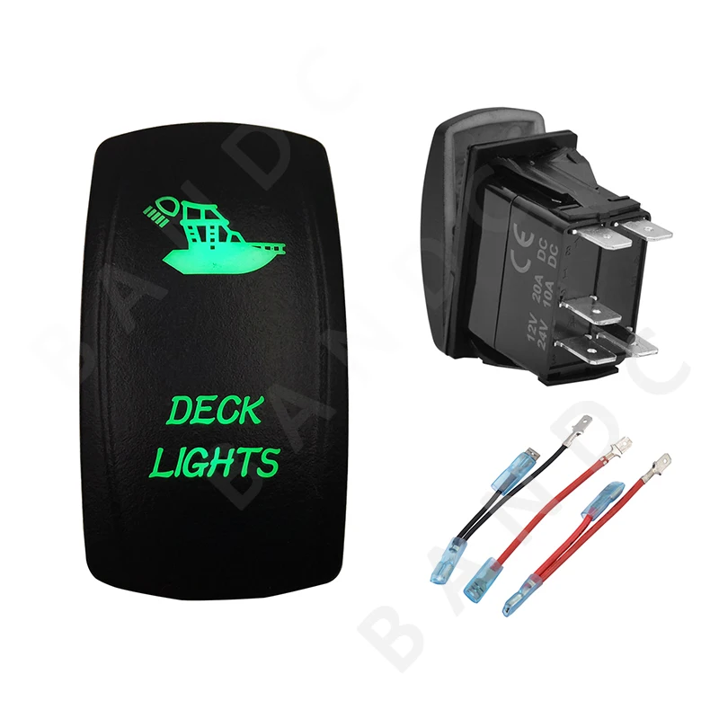 DECK LIGHTS Rocker Switch 5P ON-OFF SPST Green LED Laser-Etched Rocker Switch for the Car Boat Marine Yacht ARB RV，Jumper Wires