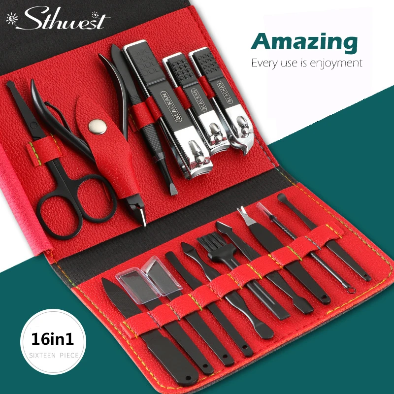 16in1 Manicure Set Kleur Contrast Sets Nagelknipper Cutter Gereedschap Kits Rvs Pedicure Travel Case Voor Man Vrouw