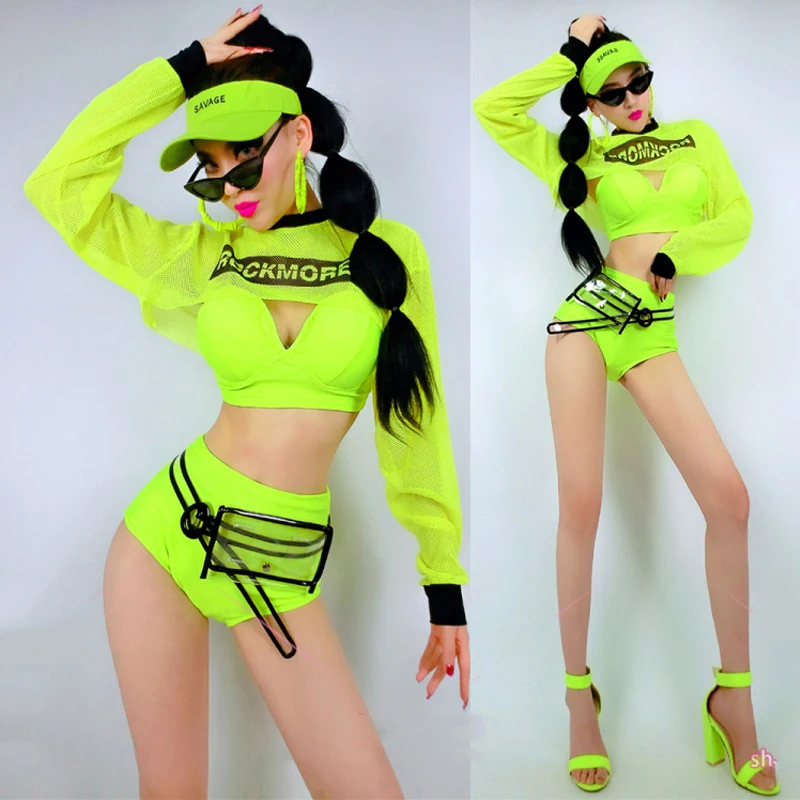 Jazz Dance Costume Female Dj Gogo Dancer Outfits Green Bikini Cropped Tops Hip-Hop Clothes For Women Bar Stage Costume DNV14903